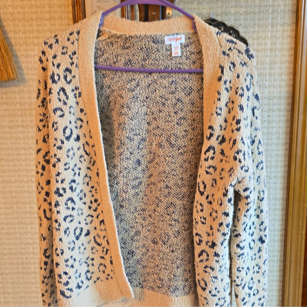 Cat & Jack Girls XL 14 Beige/Blue Animal Print Knit Open Cardigan Sweater